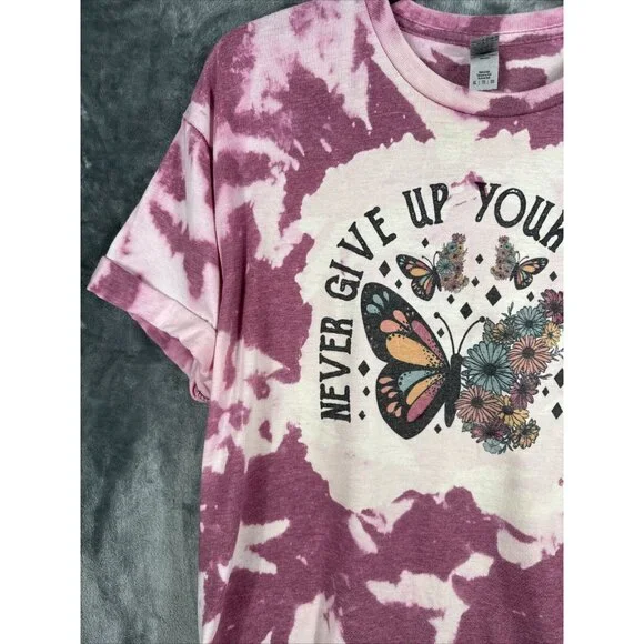 Women’s T-Shirt “Never Give Up On Your Day Dream” Tye Dye Butterflies & Flowers - Picture 4 of 14
